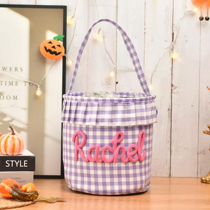 Halloween Basket Ruffle Personalized,Plaid Trick or Treat Bag with Custom Name