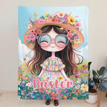 Personalized Cartoon Quirky Flower Girl Throw Blanket with Name