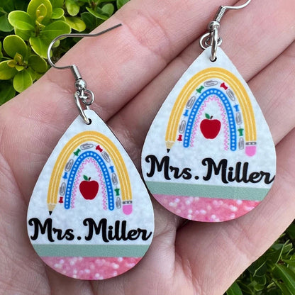 Personalized Teacher Earrings. Rainbow Pencil. Back to school