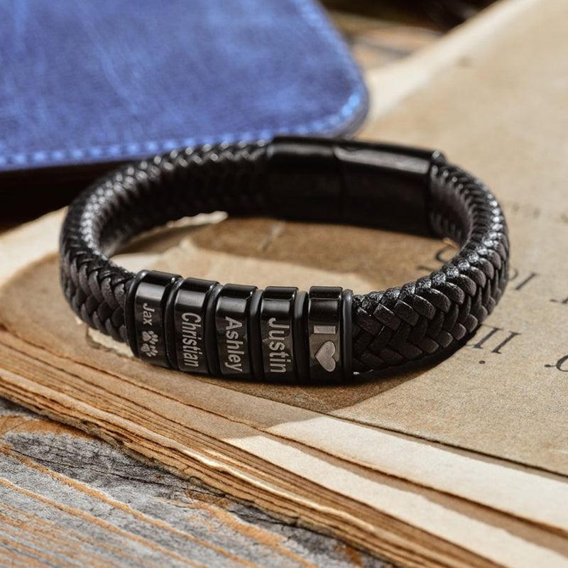 Personalized Mens Bracelet, Handmade Leather Beaded Jewelry with Kids Names