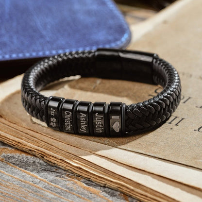 Personalized Mens Bracelet, Handmade Leather Beaded Jewelry with Kids Names