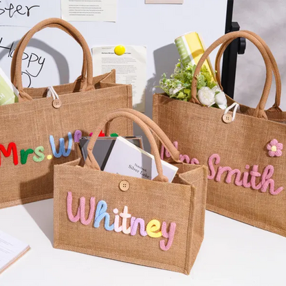 Personalized Burlap Teacher Tote Bag,Custom Crochet Name Tote Bag