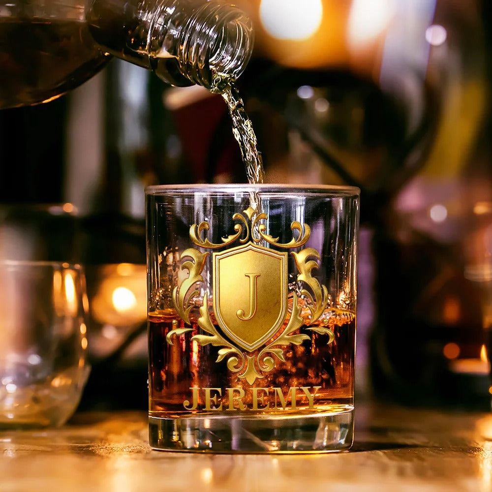 Personalized Golden Shield Initial Name Rock Whiskey Glass