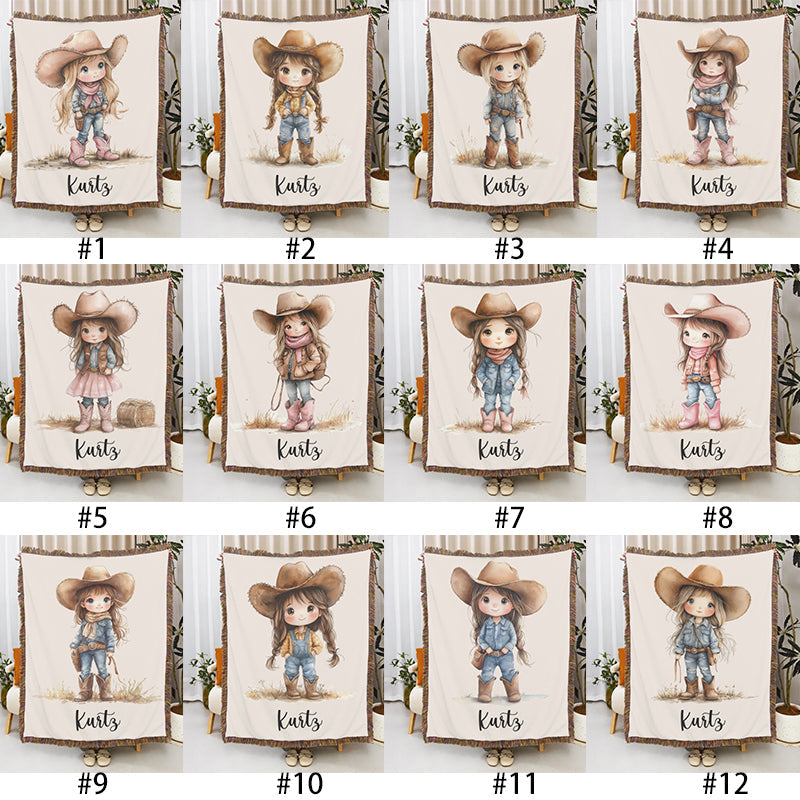 Personalized Cartoon Cowboy Tassel Blanket with Name