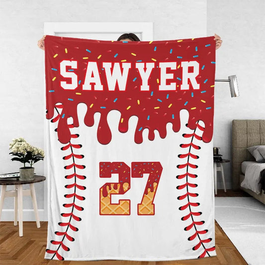 Custom Baseball Drip Blanket, Personalized Ice Cream Drip Baseball Blanket