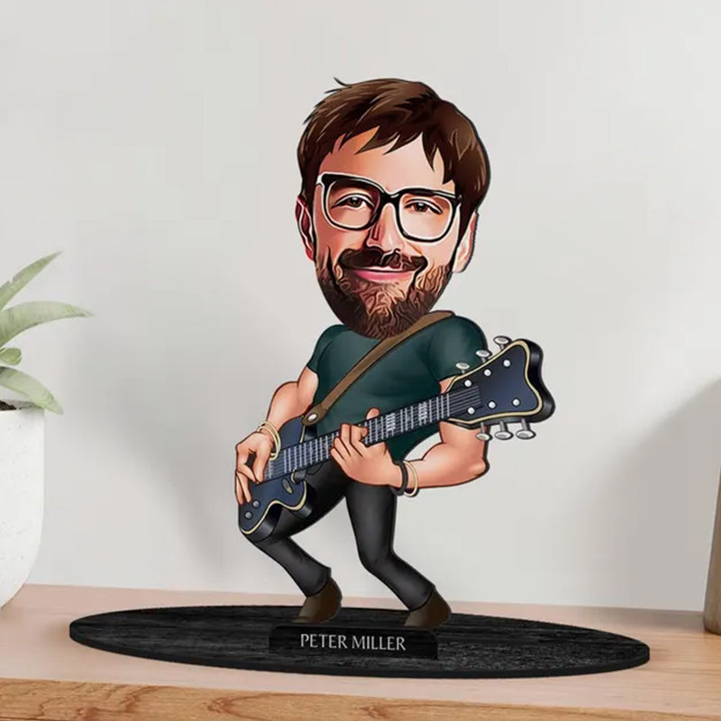 Personalized 3D Wooden Cartooned Guitarist Figurine Trinket