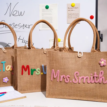 Personalized Burlap Teacher Tote Bag,Custom Crochet Name Tote Bag