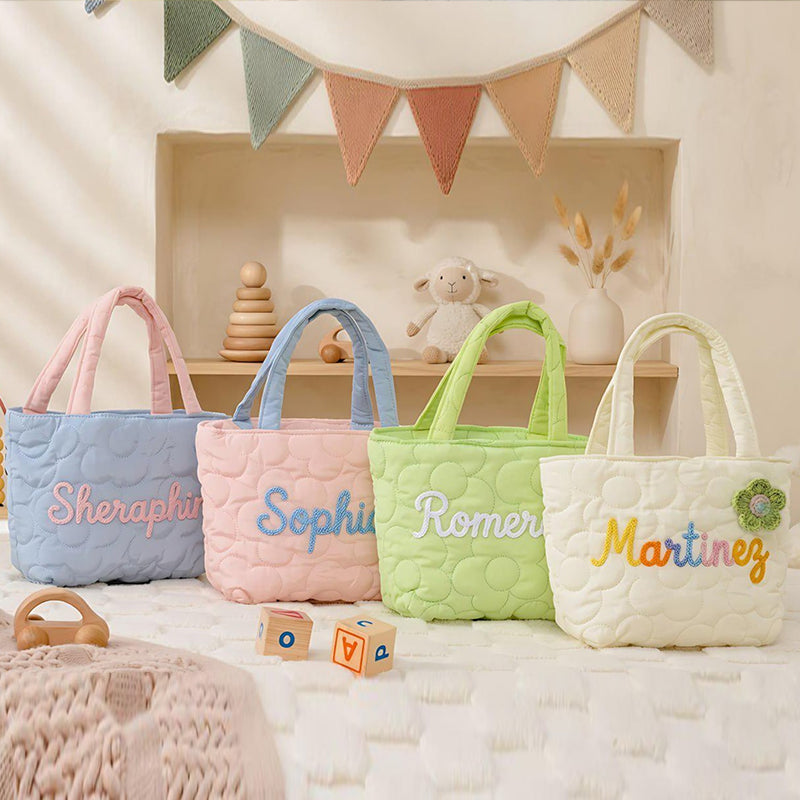 Personalized Name Handbag for Kids, Custom Quilted Nylon Tote Bag
