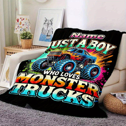 Personalized Monster Truck Throw Blanket - Custom Name