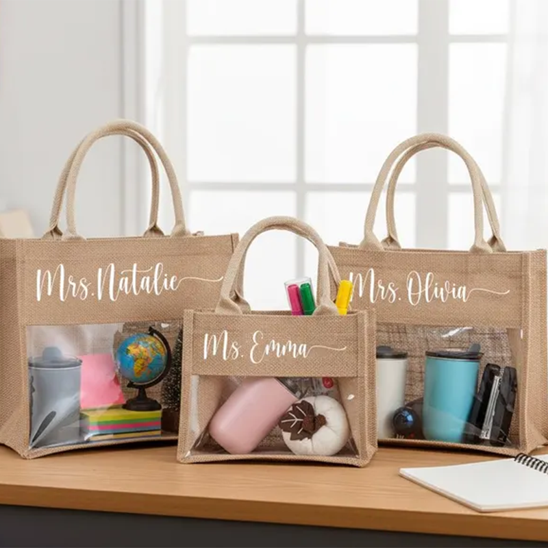 Personalized Teacher Tote Bag, Clear Window Burlap Totes,
