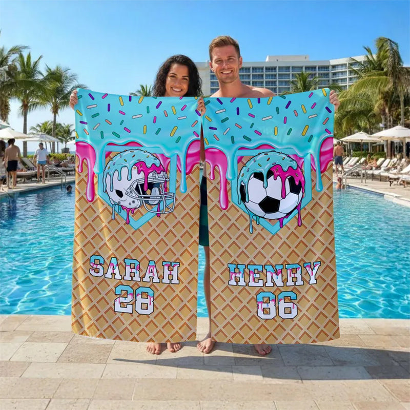 Personalized Ice Cream Drip Baseball Beach Towel For Boys
