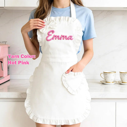 Custom Name Pink Apron : Ruffled Heart Pocket, Baking Lover Gift