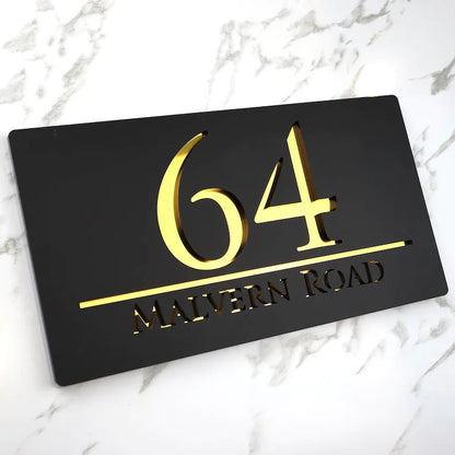 Laser Cut Matt Black & Gold Mirror Floating House Sign Door Address Laser Number Plaques