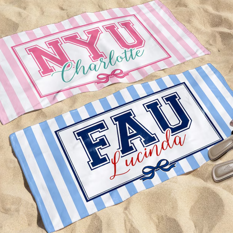 Personalized School Striped Beach Towel with Bow: College University Pride Spirit Gift,