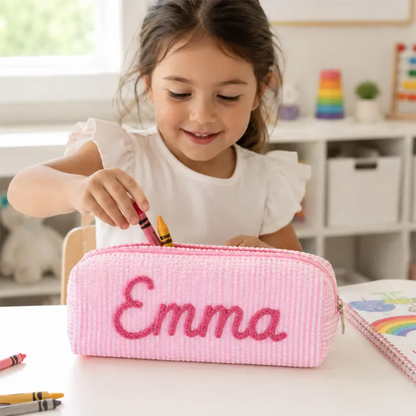 Custom Name Pencil Case for Kids, Personalized Pencil Pouch, Cute Seersucker School Supplies Bag