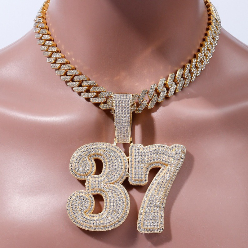 Customize 2-Tone Big Number Name Charm Pendant with Cuban Chain