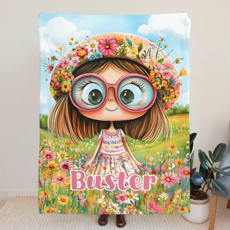 Personalized Cartoon Quirky Flower Girl Throw Blanket with Name