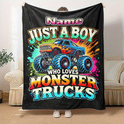 Personalized Monster Truck Throw Blanket - Custom Name