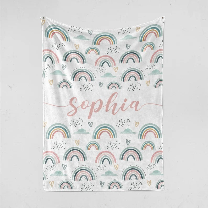 Personalized Baby Blanket For Girls or Boys with Name, Custom Kid Blanket with Boho Rainbows, Hospital Coming Home Blanket