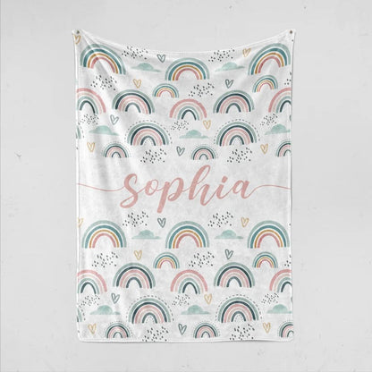 Personalized Baby Blanket For Girls or Boys with Name, Custom Kid Blanket with Boho Rainbows, Hospital Coming Home Blanket