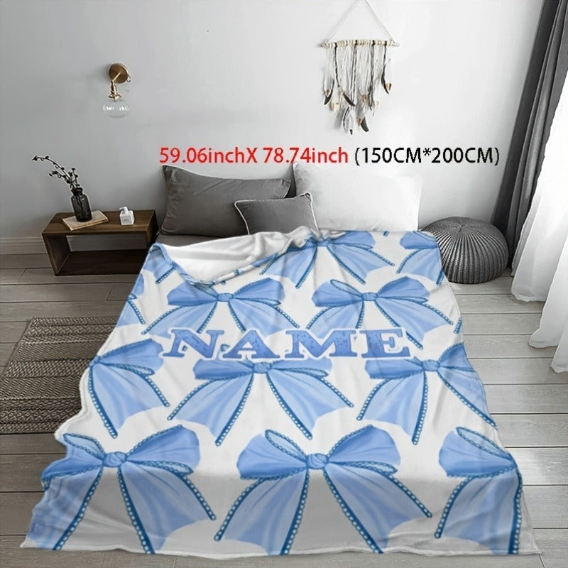 Customizable Name Light Blue Bowknot Pattern Flannel Fleece Blanket