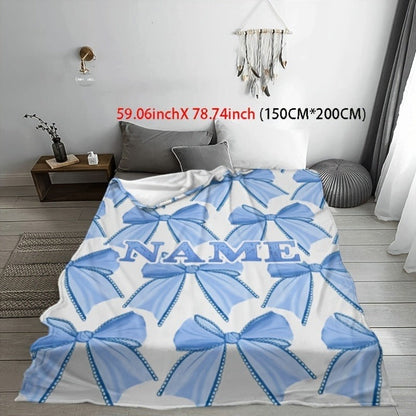 Customizable Name Light Blue Bowknot Pattern Flannel Fleece Blanket