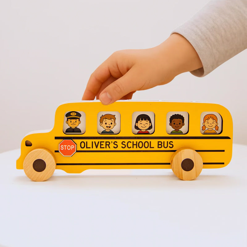 Toy Yellow School Bus with Name. Personalized Wooden Bus