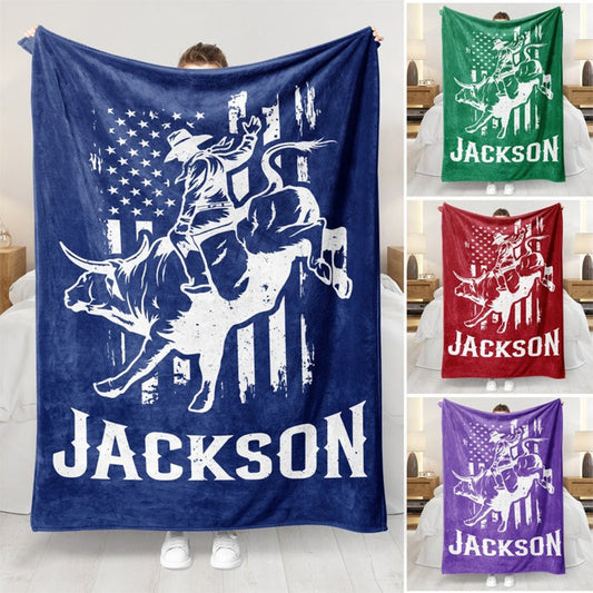 Personalized Rodeo Rider Blanket - Custom Name Bull Rider Fleece Sherpa Blanket