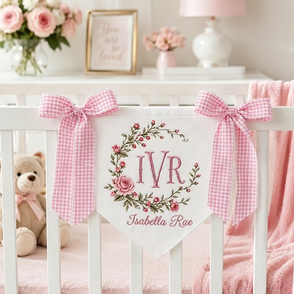 Personalized Baby Banner with Birth Name Tag, Welcome Banner with Floral Crest, Bows Baby Banner