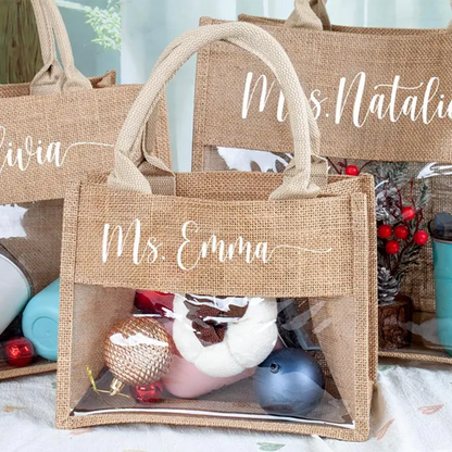 Personalized Teacher Tote Bag, Clear Window Burlap Totes,