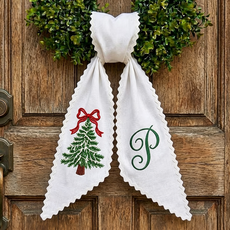 Personalized Christmas Bow Tree Wreath Sash, Monogram Letter