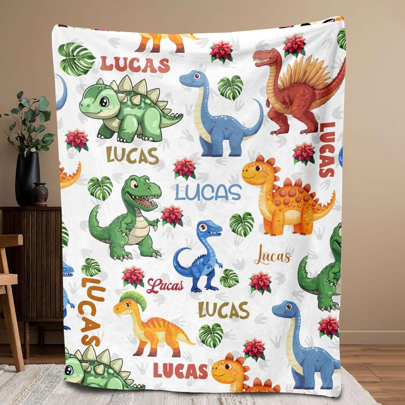 Personalized Dinosaur Blanket, Custom Name Dinosaur Blanket
