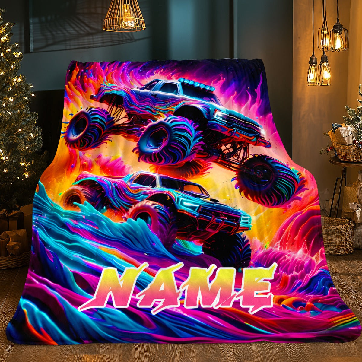 Custom Name Monster Truck Flannel Blanket - Vibrant Oil Painting Design