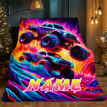 Custom Name Monster Truck Flannel Blanket - Vibrant Oil Painting Design
