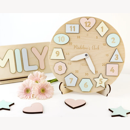 Personalized Wooden Name Clock with Shape Chrin Gift Puzzle Toys