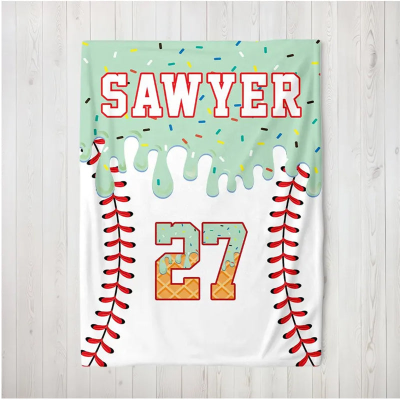 Personalized Baseball Blanket: Ice Cream Drip Design, Custom Name