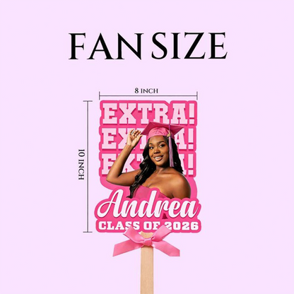 Custom Graduation Face Fan With Wooden Handle