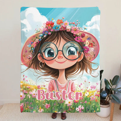 Personalized Cartoon Quirky Flower Girl Throw Blanket with Name