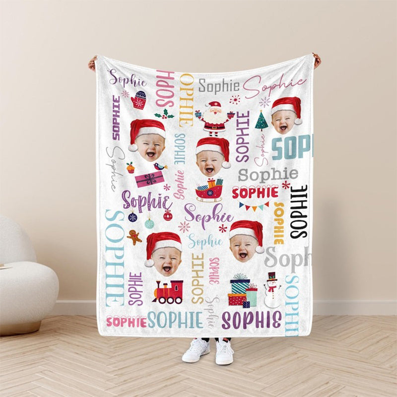 Personalized Photo Christmas Blanket With Name, Custom Name Blanket For Baby
