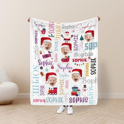 Personalized Photo Christmas Blanket With Name, Custom Name Blanket For Baby