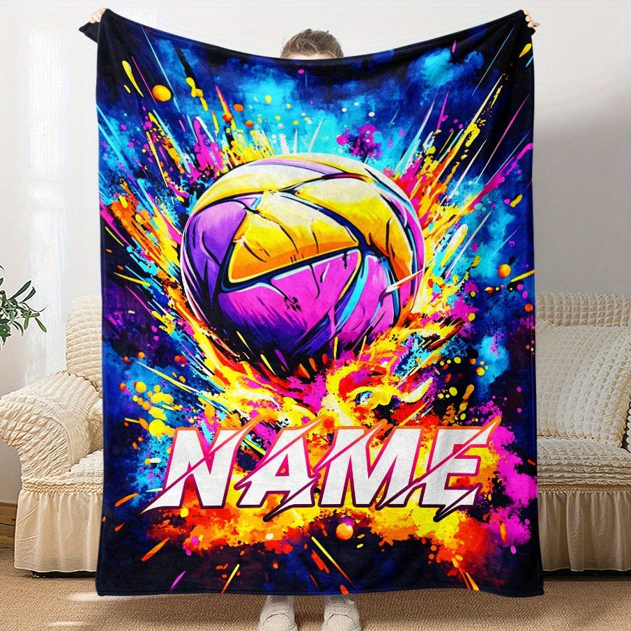 Custom Name Cool Spray Paint Volleyball Blanket, Lightweight Flannel, Soft and Warm