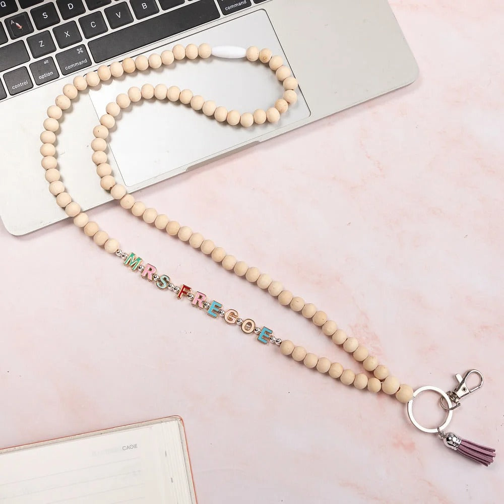 Personalized Colorful Wooden Name Beaded Badge Lanyard ID Card