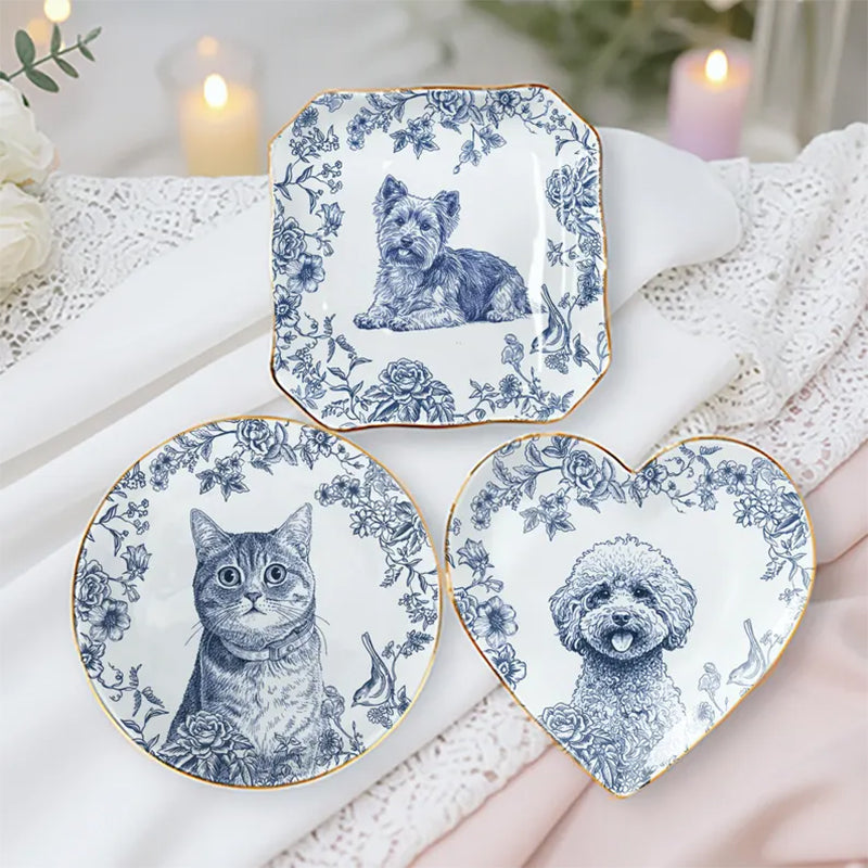 Custom Pet Portrait Jewelry Dish: Toile De Jouy Ceramic Trinket Dish