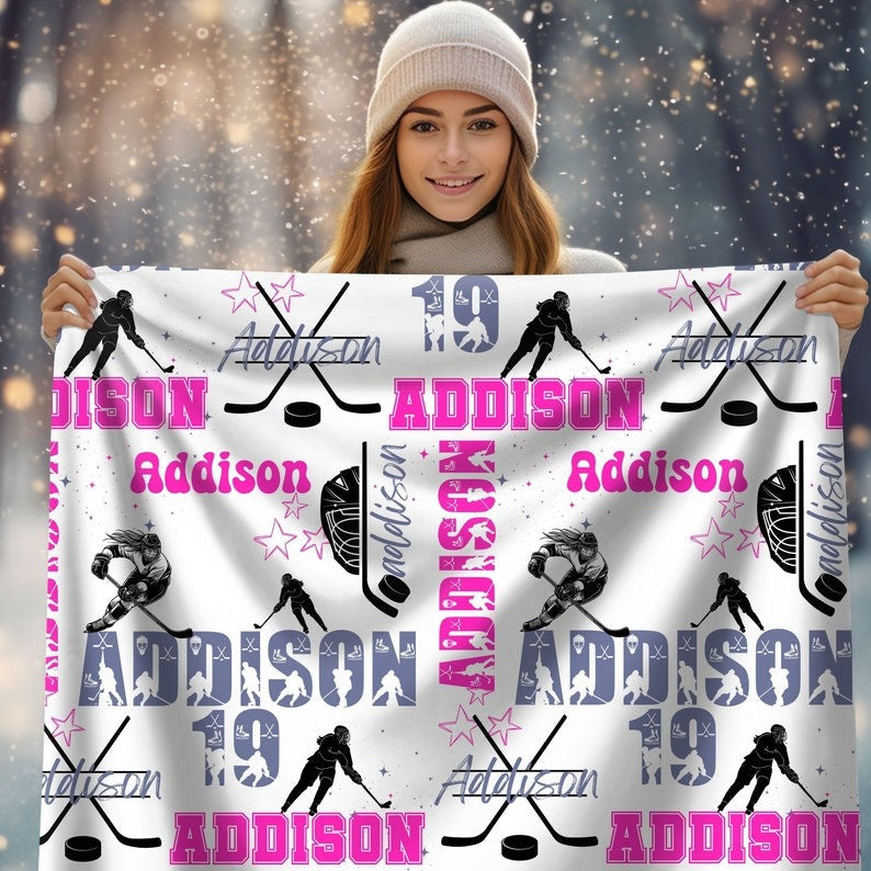 Ice Hockey Girl Personalized Blanket, Custom Name Hockey Throw