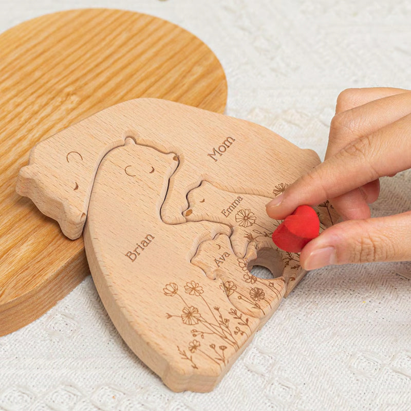Hugging Bear Family Floral Version, Personalized Wooden Bear Family Puzzle