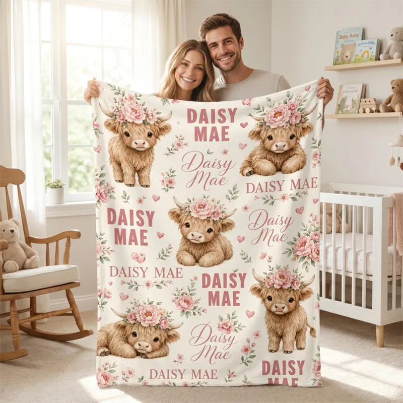 Personalized Baby Highland Cow Blanket, Custom Name Baby Blanket