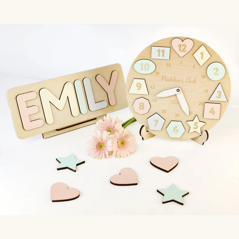 Personalized Wooden Name Clock with Shape Chrin Gift Puzzle Toys