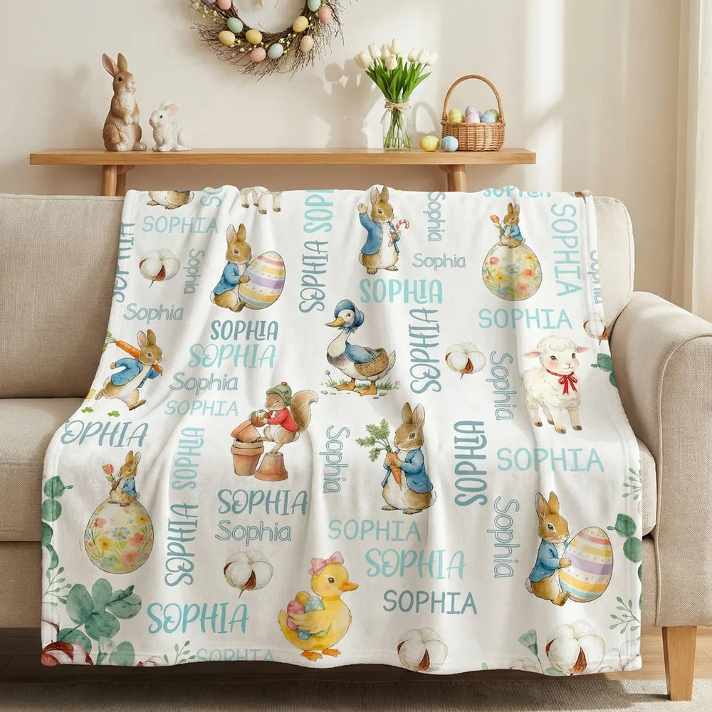 Personalized Cute Easter Bunny Duck Sheep Word Cloud Soft Throw Blanket