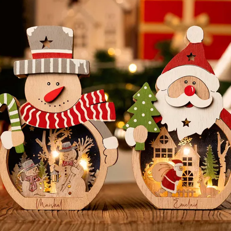Personalized Christmas Lamp for Kids,Wooden Snowman/Santa Lantern