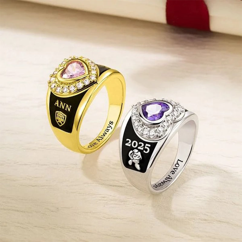 Personalized Heart Zircon Birthstone Class Ring with Engraved Text Symbol Graduation Gift